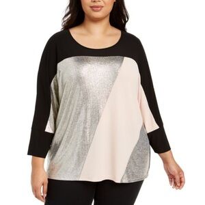 Calvin Klein Color Block Blouse Pink Black Silver Size 1X